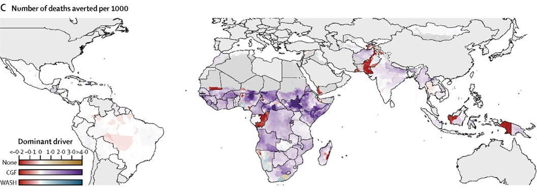 World map showing diarrhea deaths averted with color scale