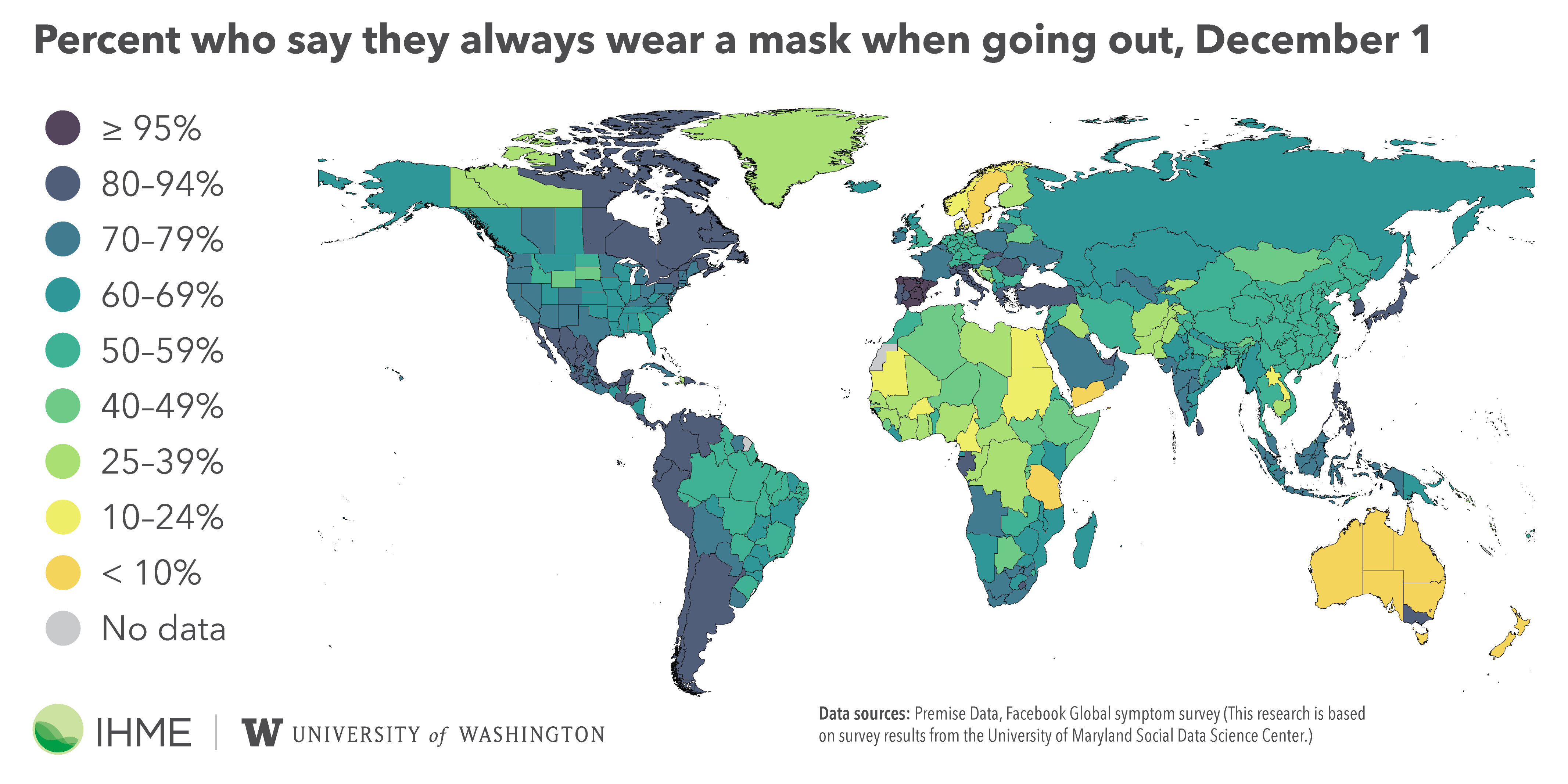 World map showing percent of people in each country who say they always wear a mask when going out