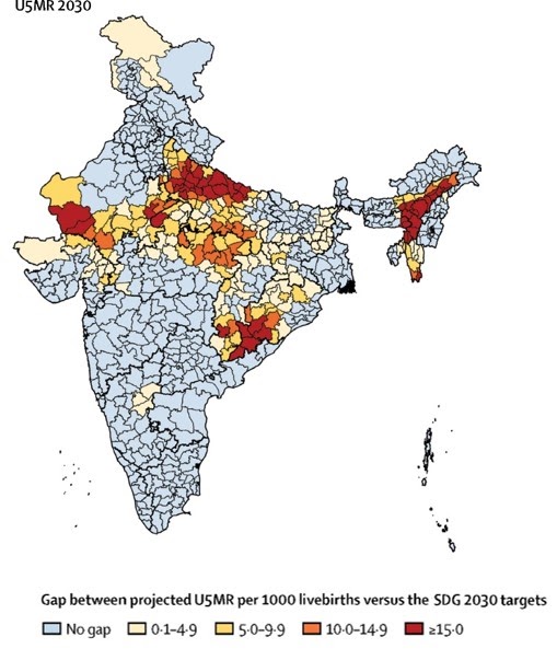 Map of India showing progress towards sustainable development goal in reducing infant mortality