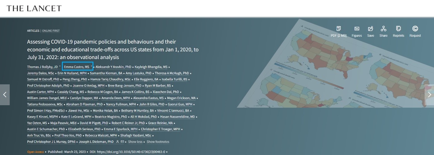 A webpage from The Lancet journal showing Emma Castro's name highlighted in the author list of her recent publication