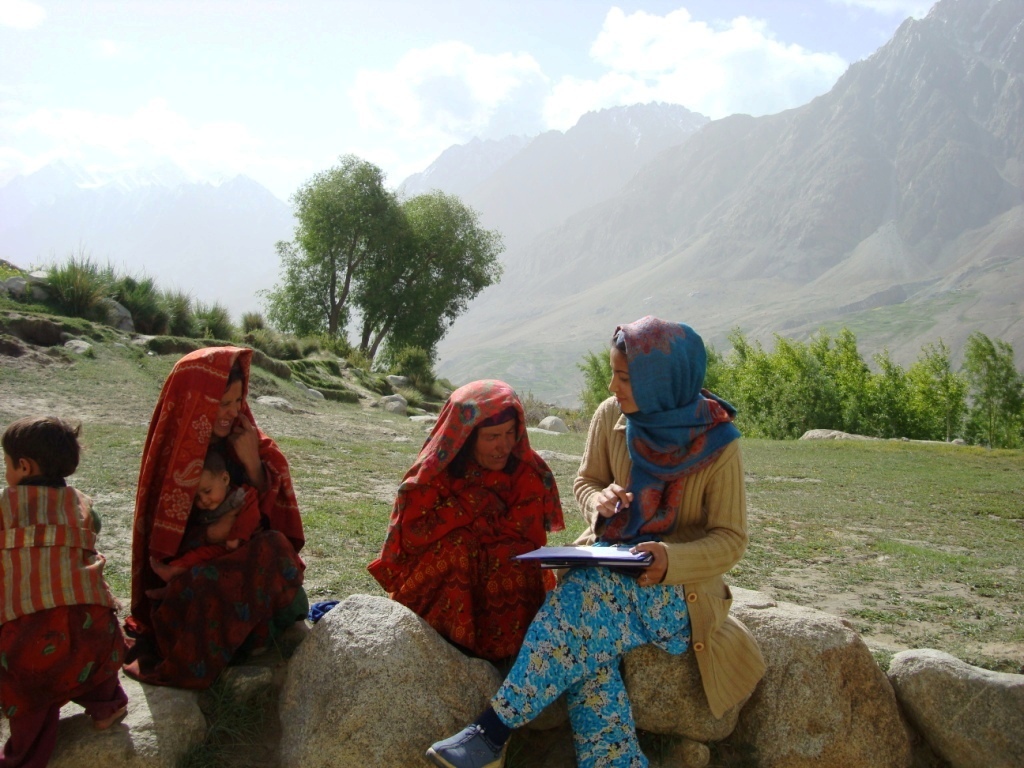 a researcher holding a clipboard interviews two women in Afghanistan