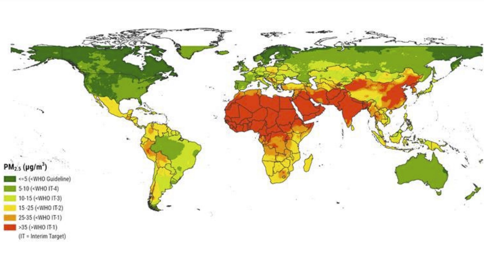 world map showing highest particulate matter in North Africa, Middle East, and South Asia