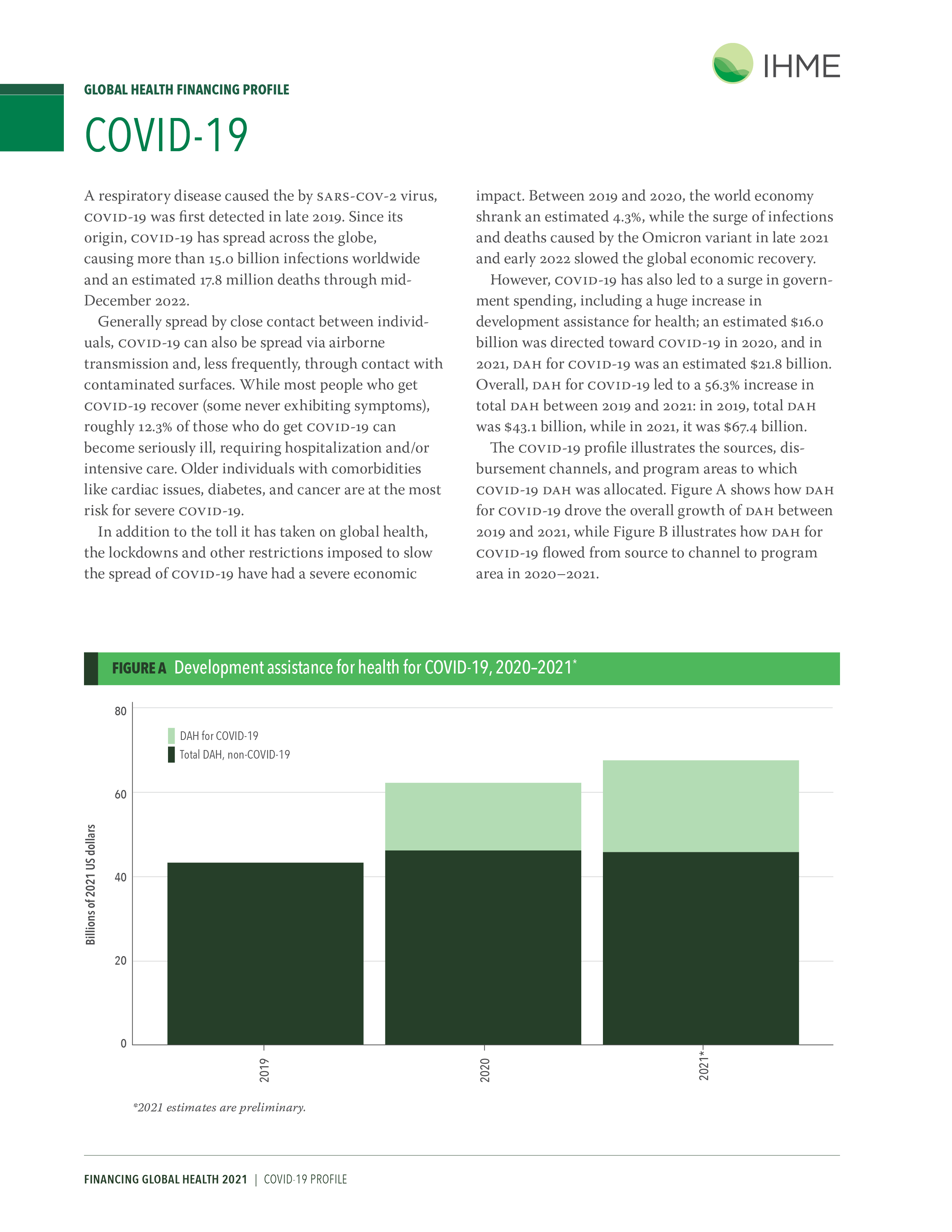 Disease spending profile for COVID-19: page 1 provides an overview of the expenses of COVID-19 globally and development assistance for health. Download the profile for more details. 