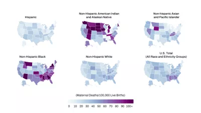 Maps showing disparities in rates of maternal death by race and ethnicity in the US