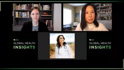 Dr. Sarah Wulf Hanson, Dr. Celine Gounder, and Pauline Chiou speak on a video call